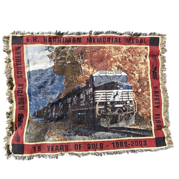 Vintage EH Harriman Memorial Medal Norfolk Train Railroad Tapestry Throw Blanket - Picture 1 of 6